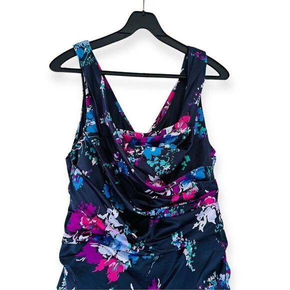 Express Navy Blue Floral Ruched V Neck Sleeveless Dress Size 12 - Picture 2 of 6